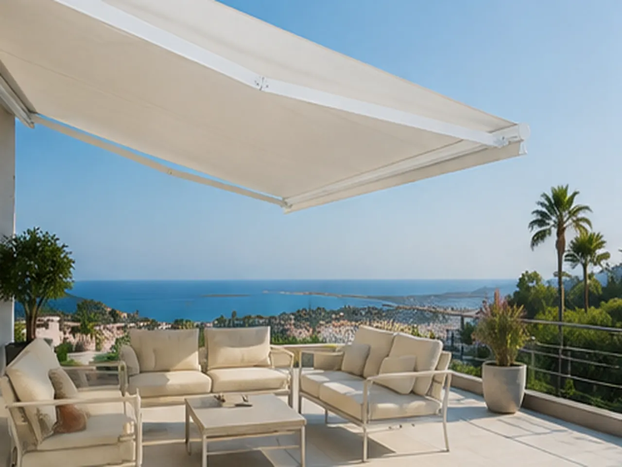 Toldo extensible instalado sobre una terraza con vistas al mar
