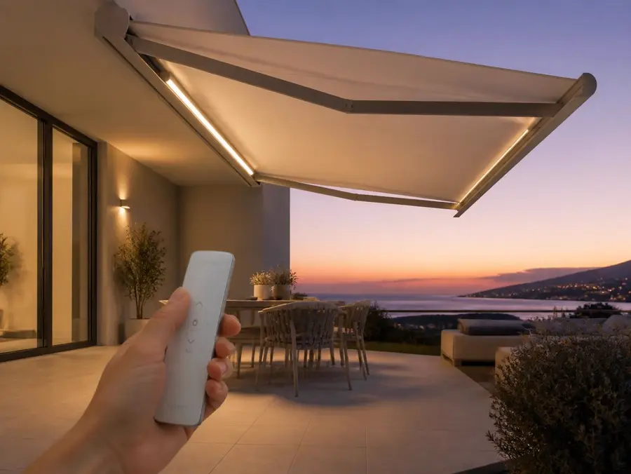 Toldo motorizado extendido al atardecer con mando a distancia e iluminación LED integrada