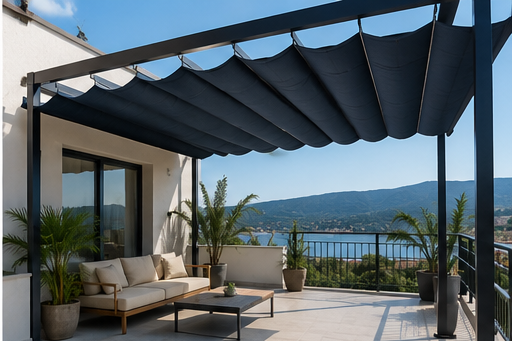 Toldo corredero gris antracita sobre una terraza con sofás y vistas a la bahía
