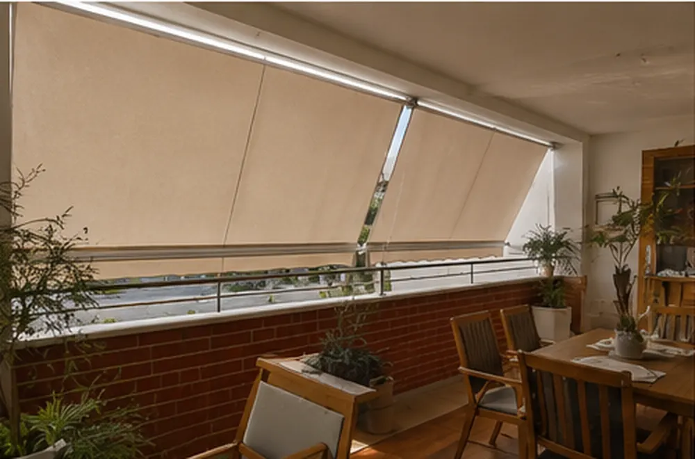 Toldos store beige vistos desde una terraza con comedor exterior