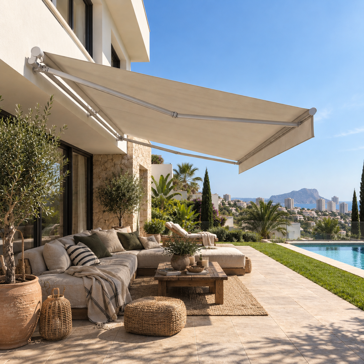 Toldo extensible claro sobre una elegante terraza con piscina y vistas al mar