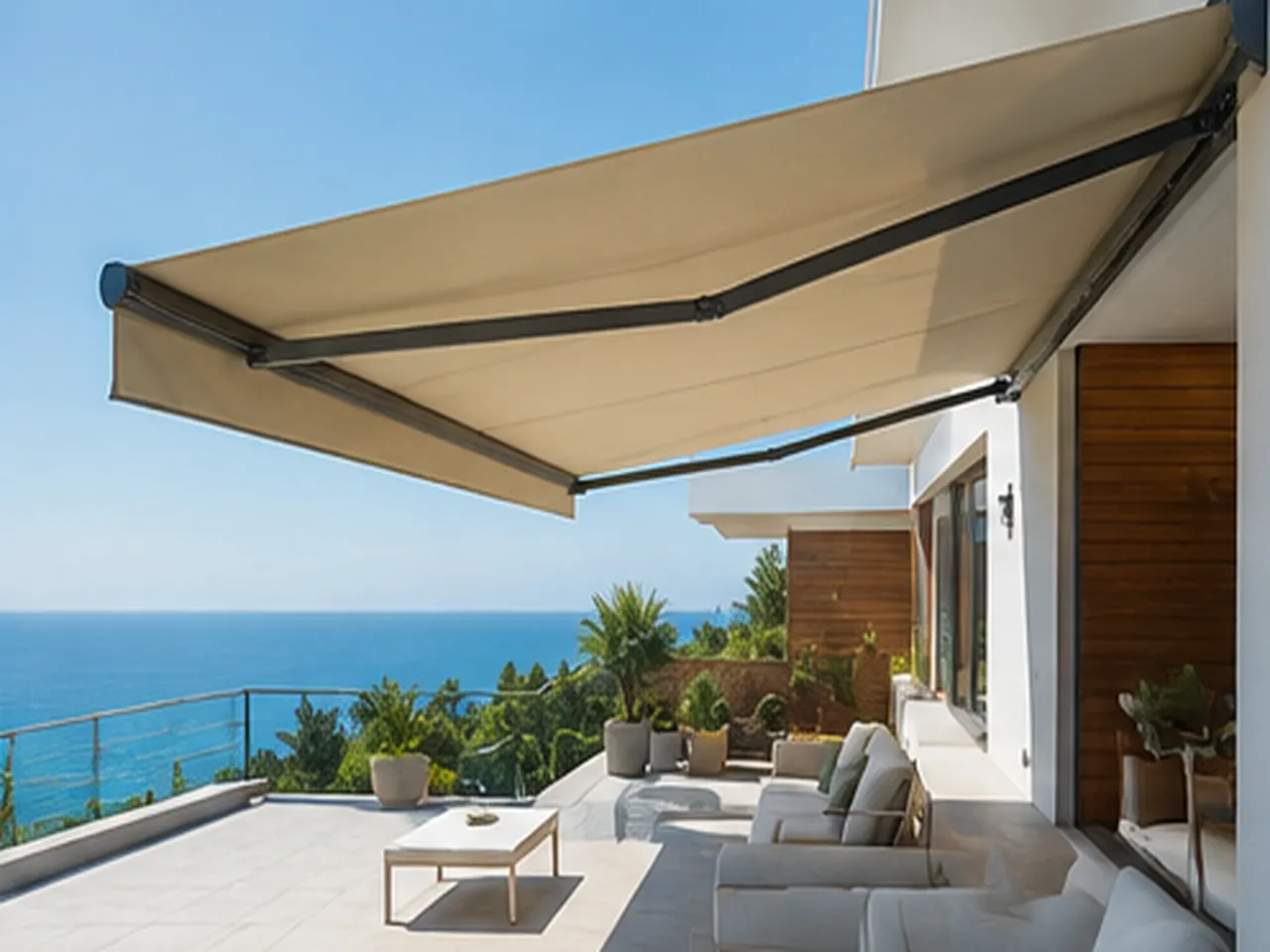 Toldo extensible beige con brazos articulados sobre una terraza junto al mar