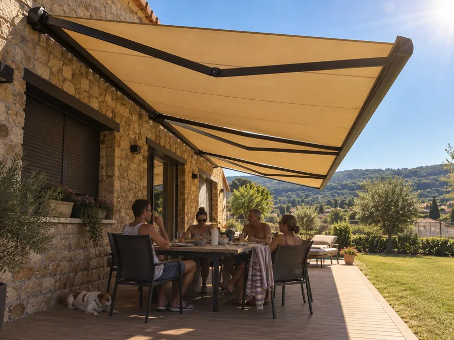 Toldo extensible de brazos articulados cubriendo la terraza de una villa con vistas al mar