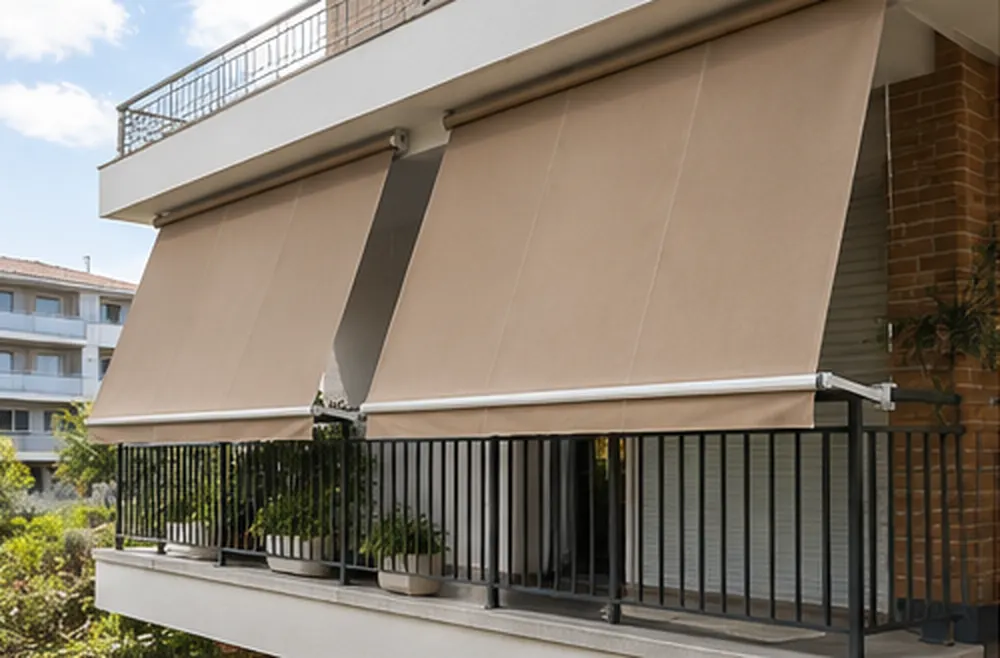 Toldos store beige instalados en un balcón con barandilla y plantas