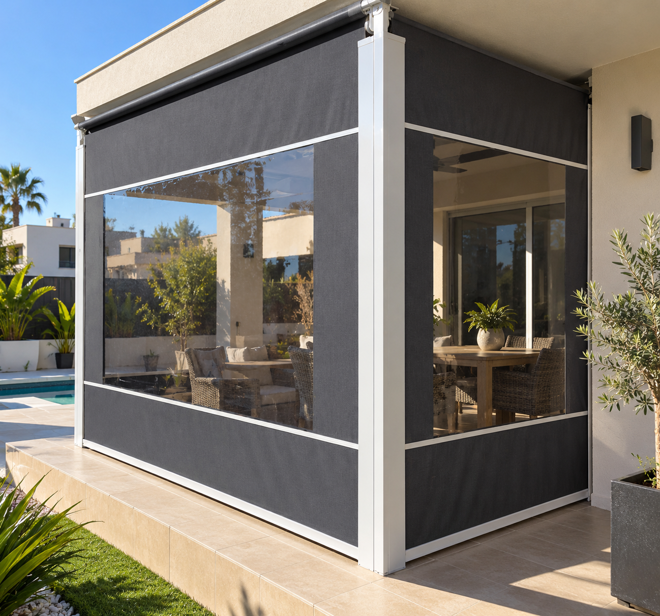 Toldos telón grises con ventana transparente en una pérgola junto a la piscina