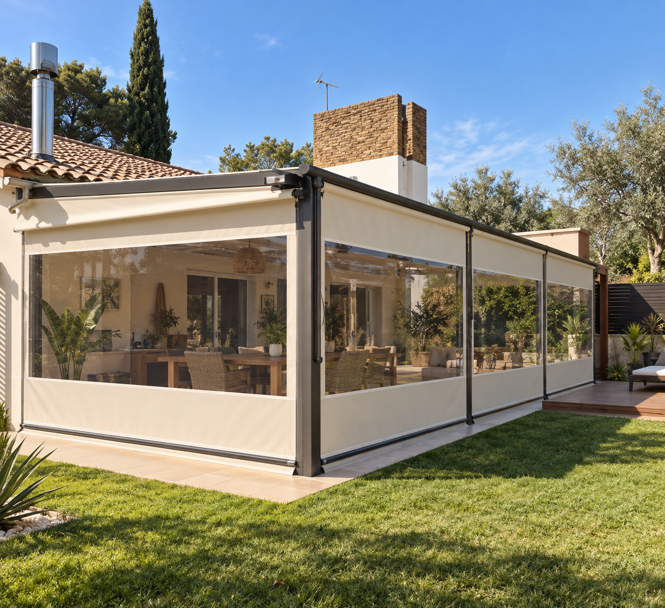 Toldo telón con ventanas de cristal cerrando una terraza de vivienda con jardín