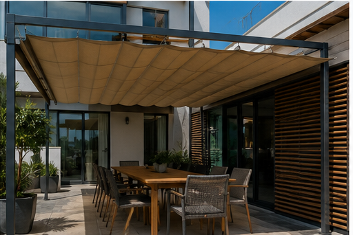 Toldo corredero beige sobre una amplia terraza con mesa para ocho comensales