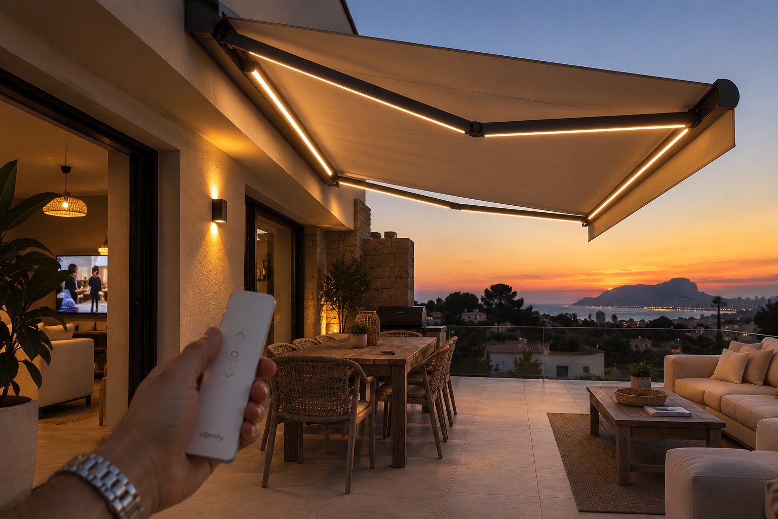 Toldo motorizado extendido al atardecer con mando a distancia e iluminación LED integrada