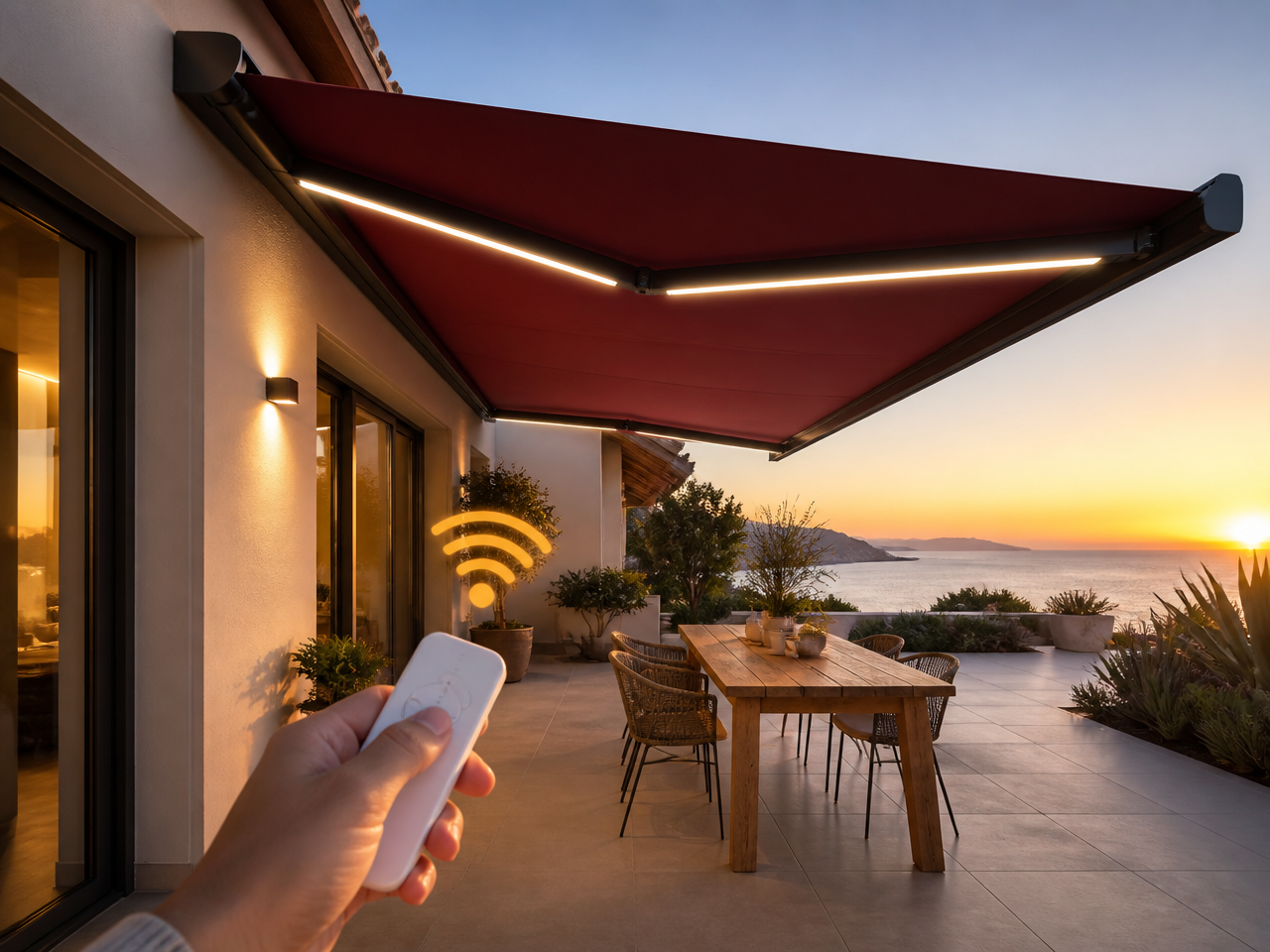 Toldo cofre motorizado granate con iluminación LED, mando a distancia y conexión WiFi