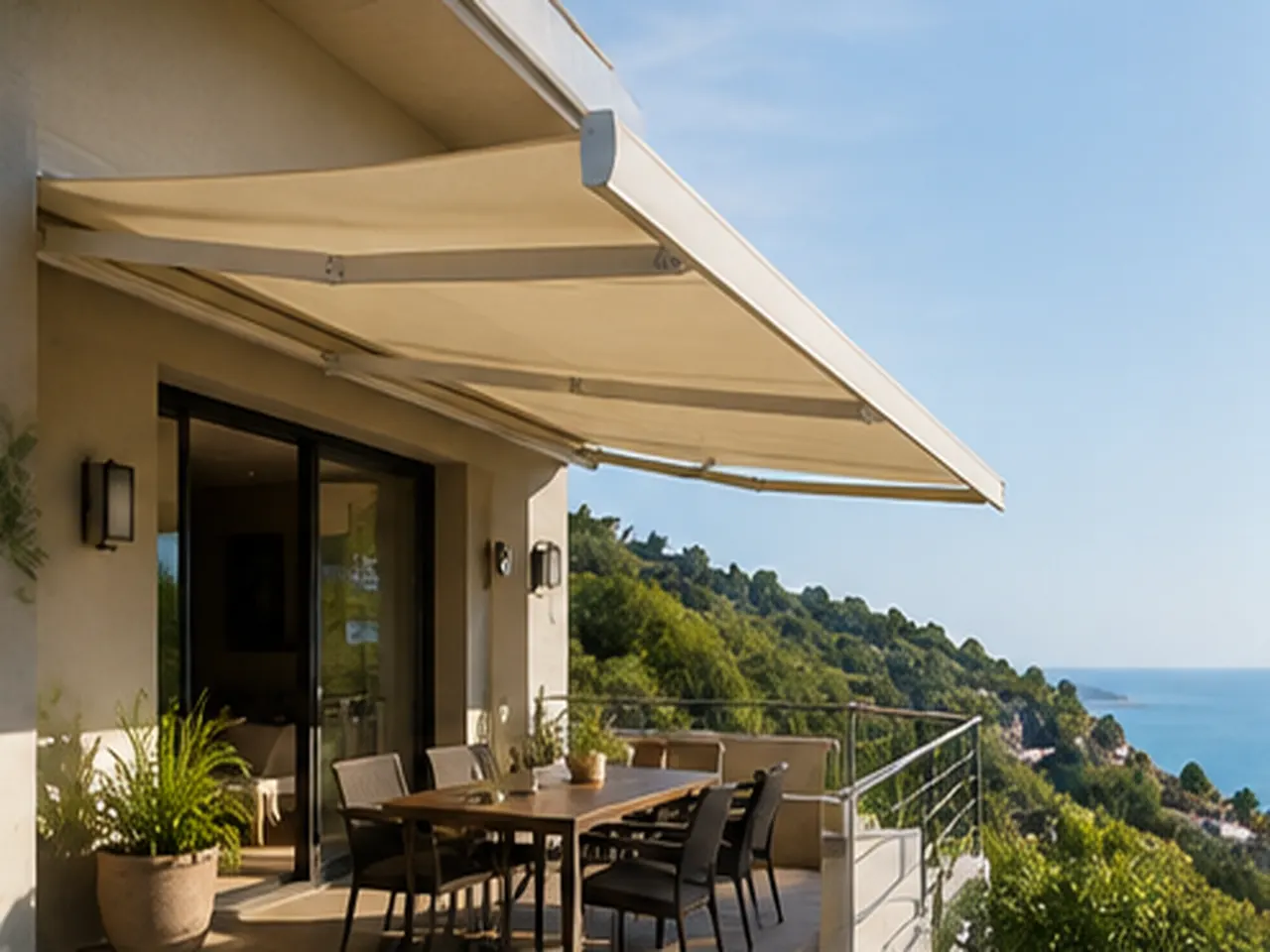 Toldo extensible crema sobre un comedor exterior con vistas a la montaña y al mar