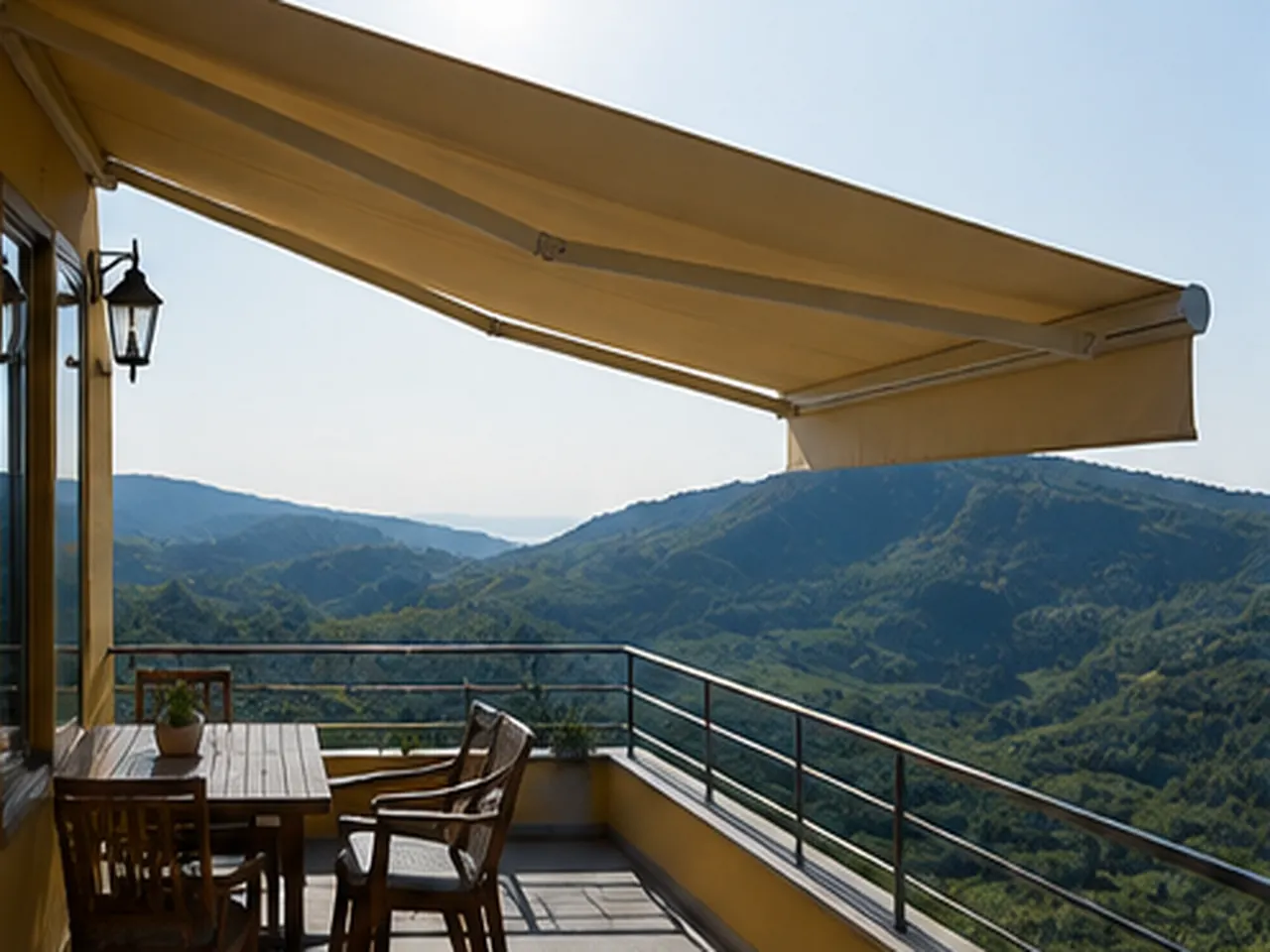 Toldo extensible dorado sobre un balcón con mesa de madera y vistas a la montaña