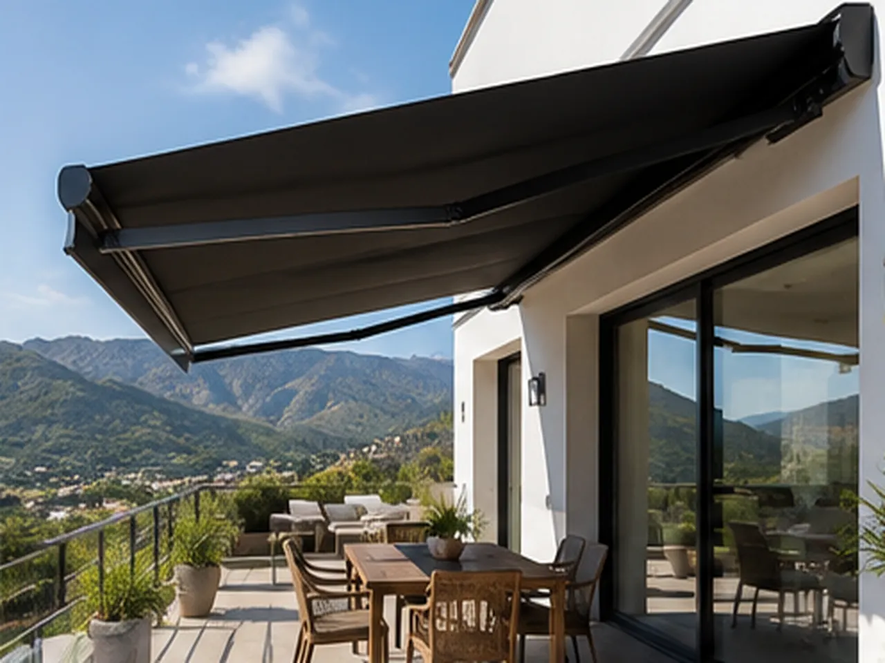 Toldo extensible antracita sobre una terraza moderna con vistas al valle
