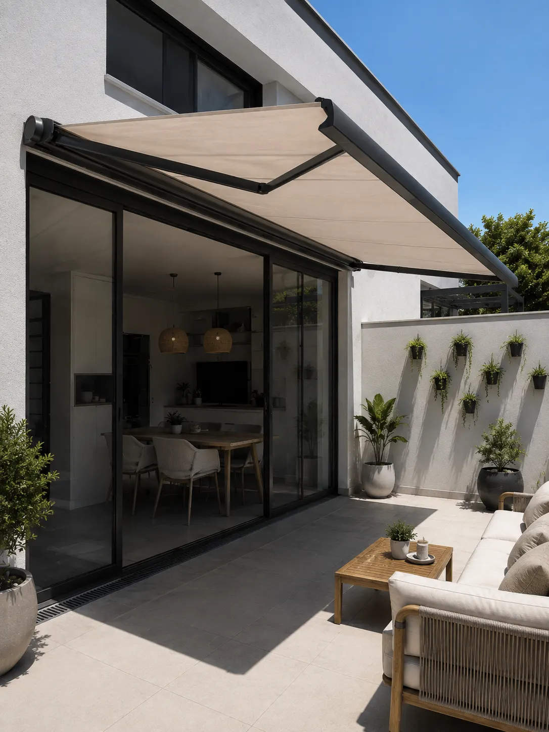 Toldo cofre antracita desplegado sobre una terraza con sofá exterior y plantas