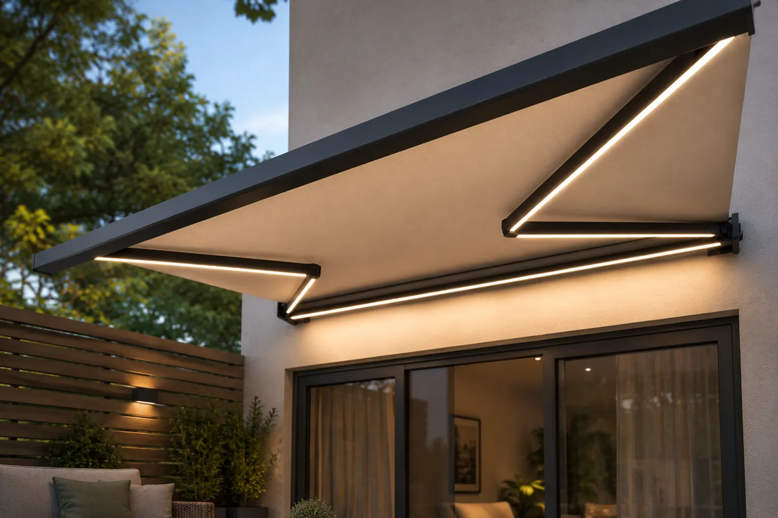 Detalle de un toldo cofre con iluminación LED integrada en los brazos al anochecer