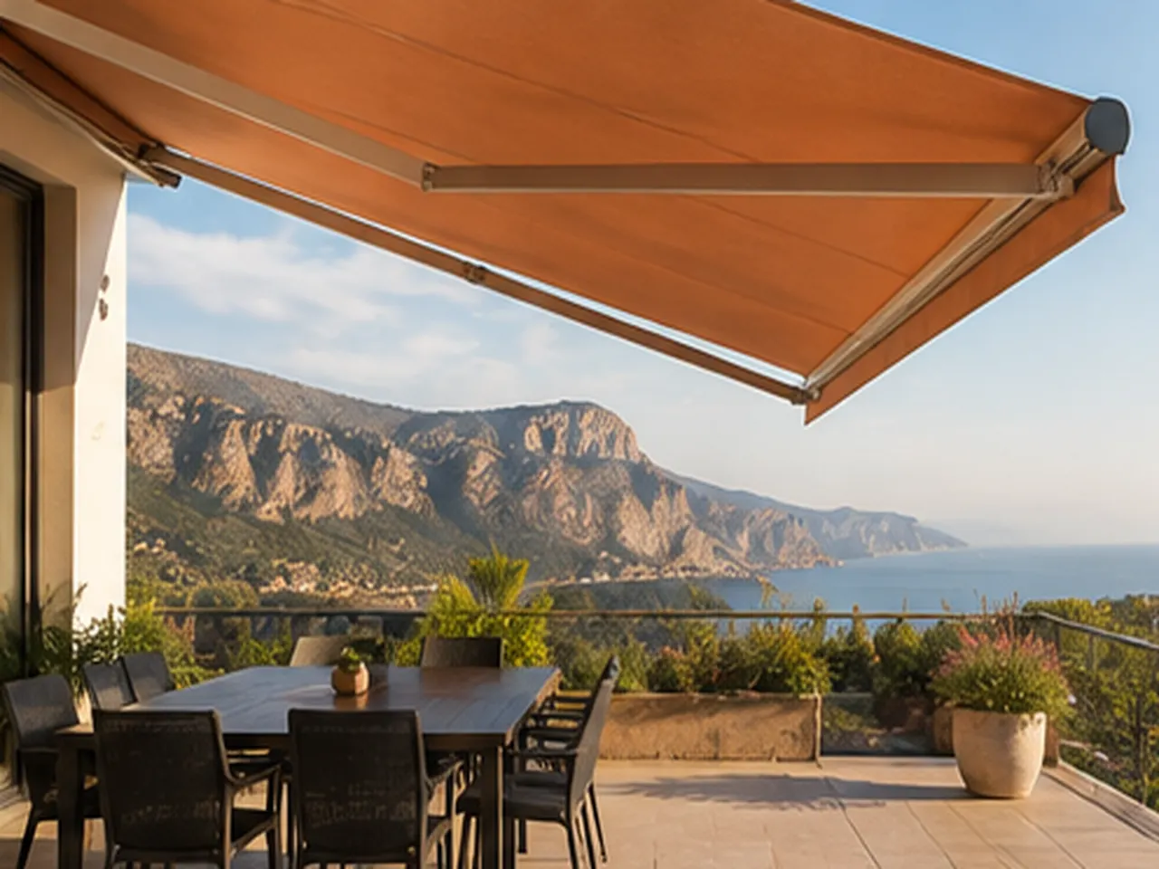 Toldo extensible naranja sobre un comedor exterior con vistas a la montaña