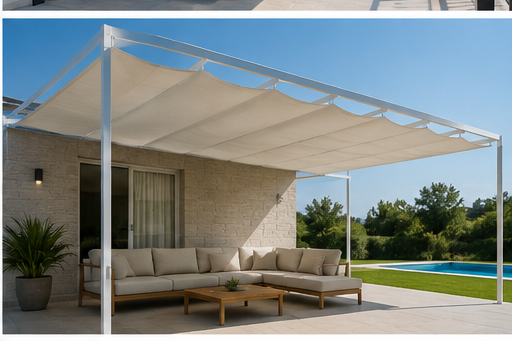 Toldo corredero blanco sobre pérgola junto a una piscina